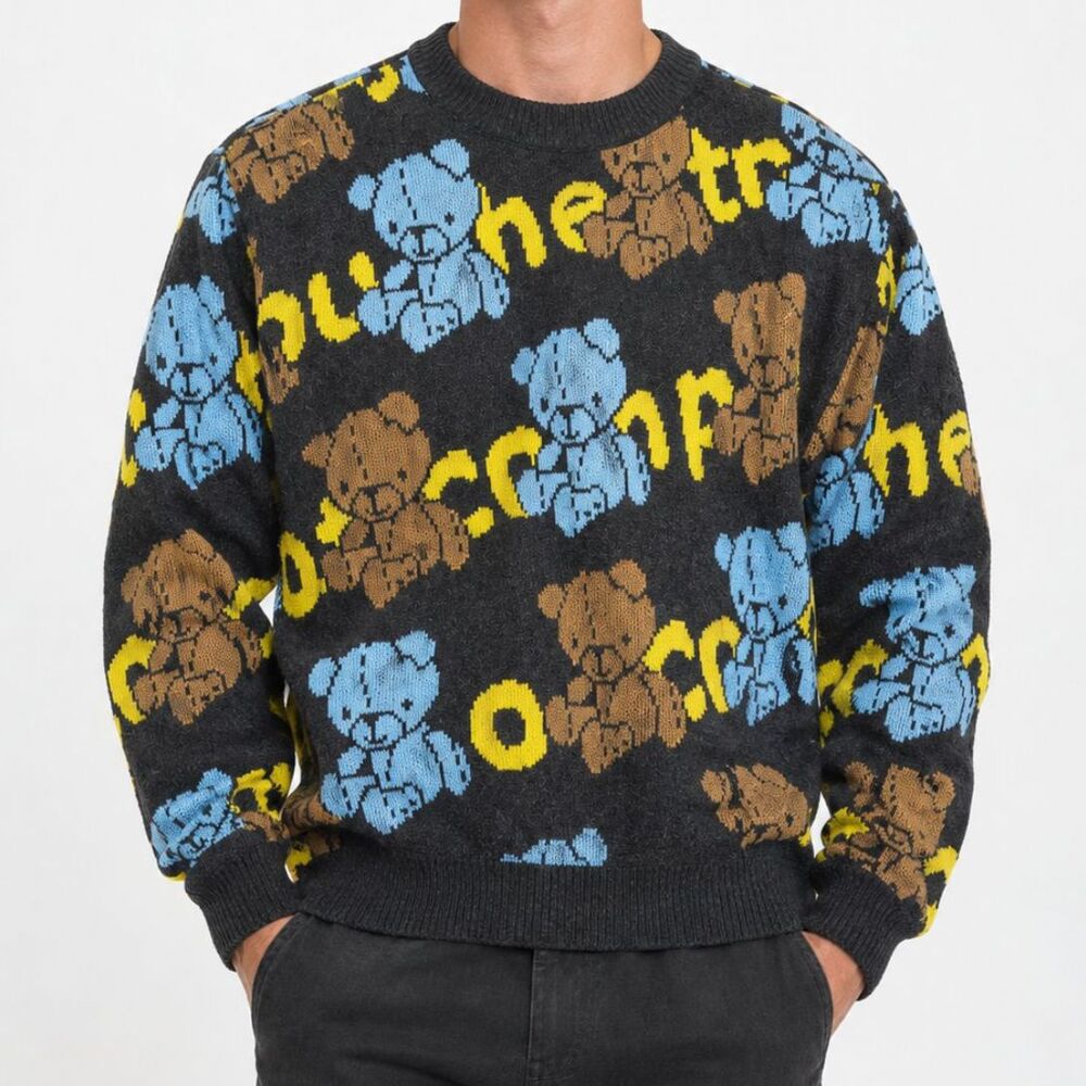 Soft Banana Teddy Bear All-Over Print Knit Sweater Size S